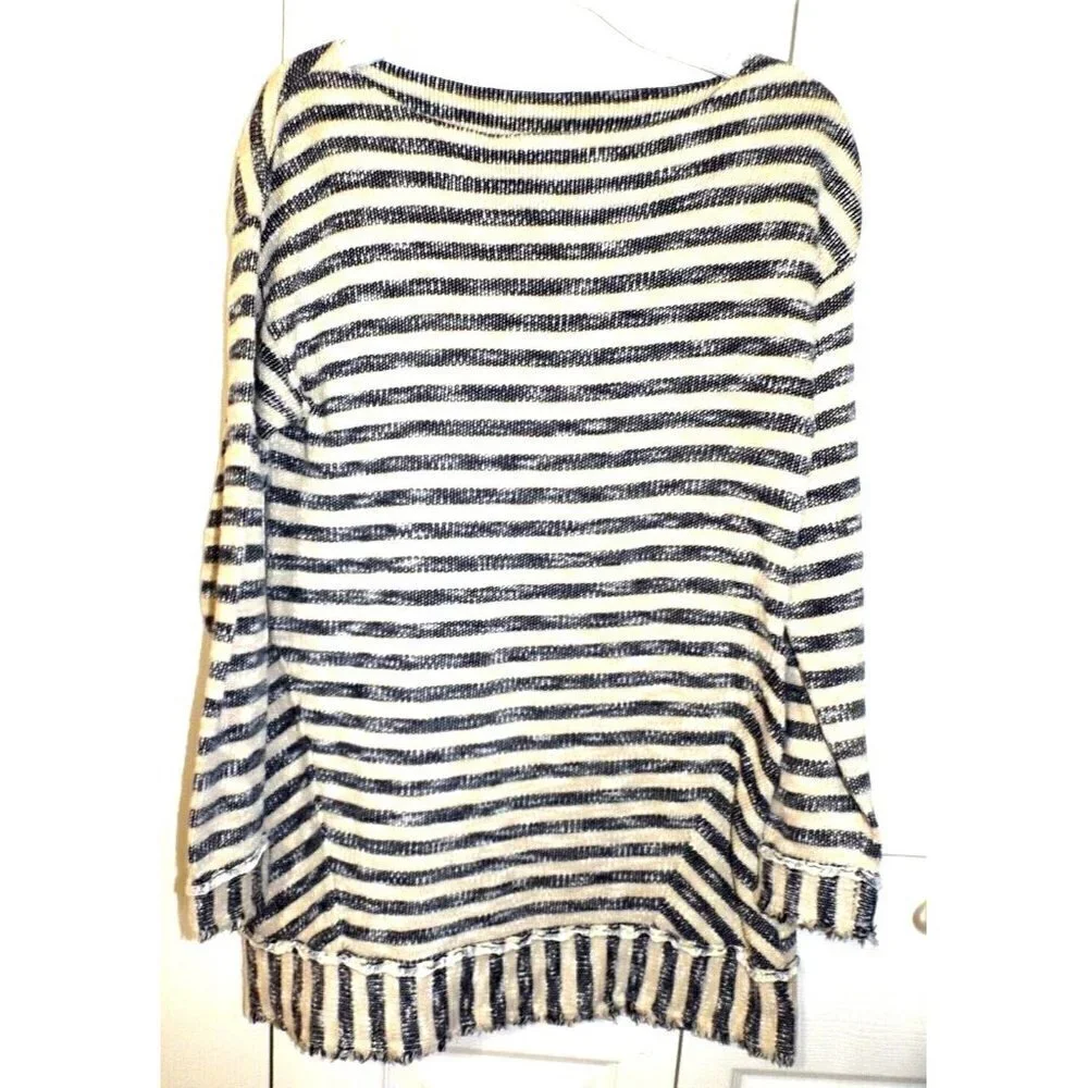 Soft Surroundings Mariana M Cotton Navy Tan Striped Long Sleeve Sweater Fringe